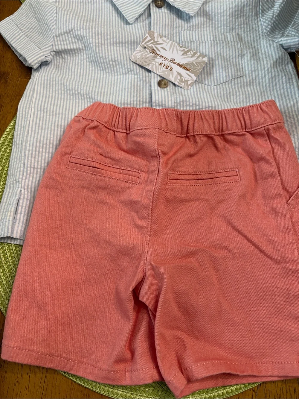 Tommy Bahama Light Blue Striped Button-Down Shirt with Coral Pink Shorts
